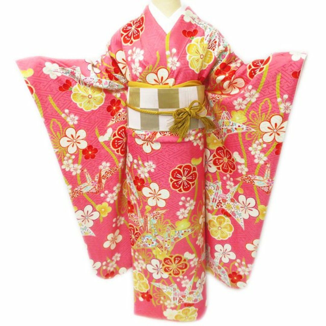 振袖 着物  正絹 折鶴に花模様 金駒刺繍 ワイド A766-4 L【中古】