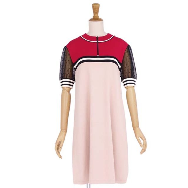 RED VALENTINO(レッドヴァレンティノ)のレッドヴァレンティノ ワンピース ニット 袖レース ドレス ハーフジップ M レディースのワンピース(ひざ丈ワンピース)の商品写真