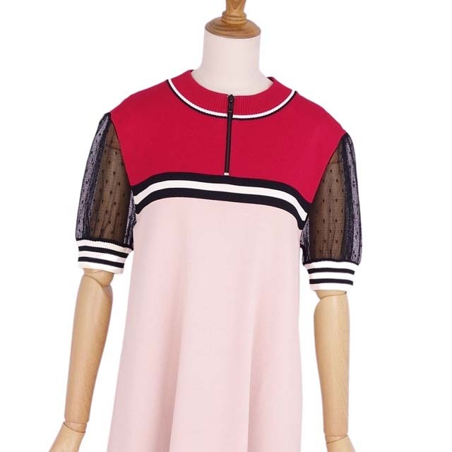 RED VALENTINO(レッドヴァレンティノ)のレッドヴァレンティノ ワンピース ニット 袖レース ドレス ハーフジップ M レディースのワンピース(ひざ丈ワンピース)の商品写真