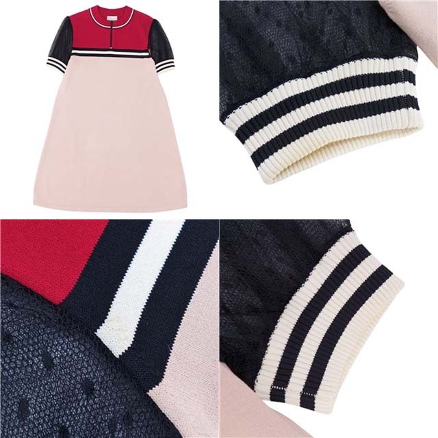 RED VALENTINO(レッドヴァレンティノ)のレッドヴァレンティノ ワンピース ニット 袖レース ドレス ハーフジップ M レディースのワンピース(ひざ丈ワンピース)の商品写真