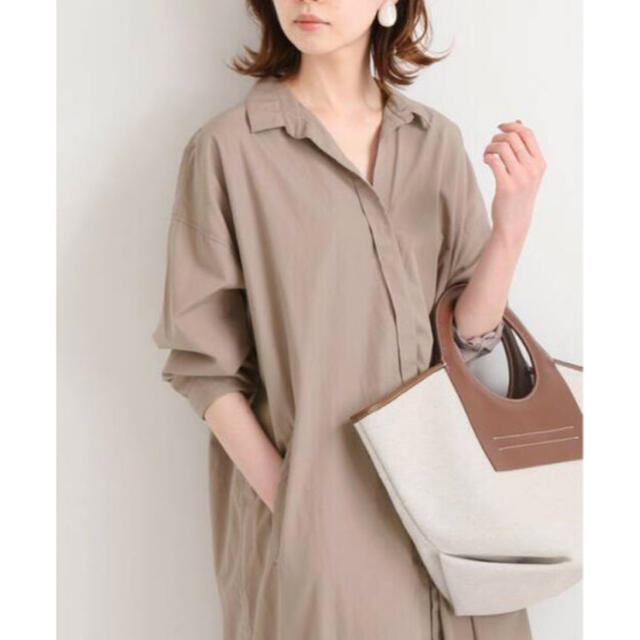 IENA コットンシルク ロング シャツワンピース ベージュ