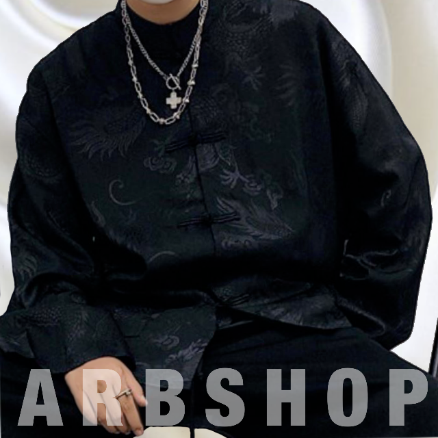 カンフー チャイナ服　ブラック チャイナ風 ドラゴン柄 サテンシャツ 黒 メンズのトップス(シャツ)の商品写真