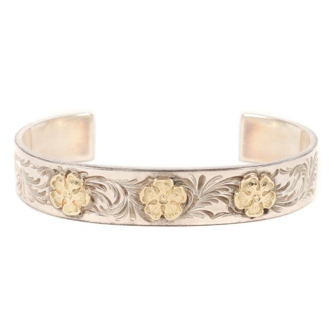 TARO WASHIMI タロウ ワシミ 鷲見太郎 フラワー金メタル付き アラベスクデザイン バングル 12mm Bangle 3 Flower metal 18K シルバー ゴールド M位 アクセサリー【メンズ】メンズ