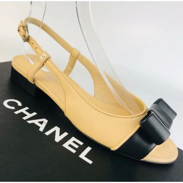 レディースサンダル新品未使用★CHANEL・レザー バイカラーリボン ココマークサンダル(37C)