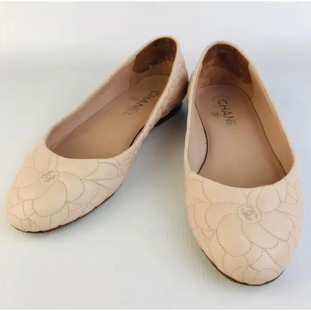 美品☆CHANEL・レザー ココマーク カメリア フラットシューズ(361/2)-
