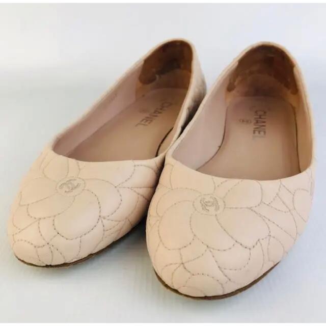 美品☆CHANEL・レザー ココマーク カメリア フラットシューズ(361/2)-