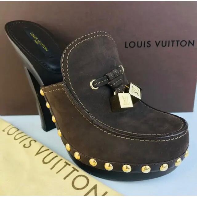 LOUIS VUITTON(ルイヴィトン)の美品★ルイヴィトン・レザー LVキューブ付 ロゴスタッズ サボサンダル (38) レディースの靴/シューズ(サンダル)の商品写真