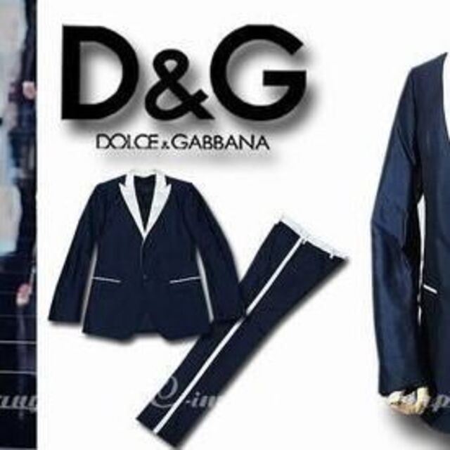 ★DOLCE&GABBANA★ドルガバD&Gシルク1Bスーツ紺×白ライン46紺白