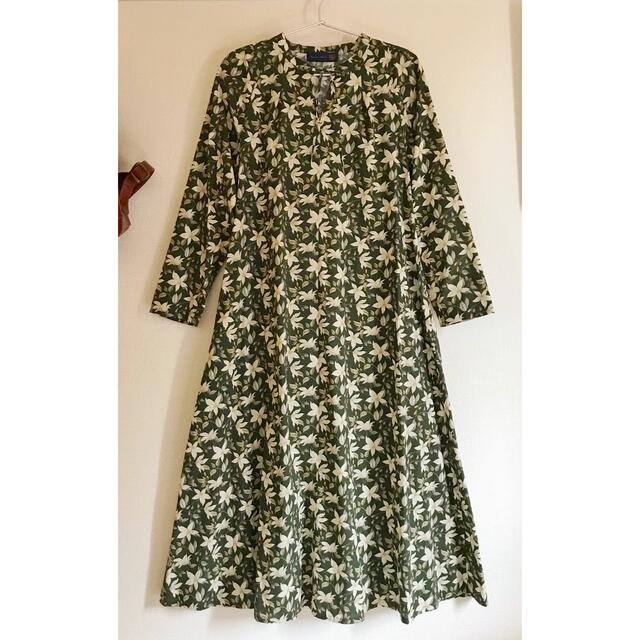 新品 リバティ フラワー 花柄 ロング ワンピース 長袖 リボン グリーン