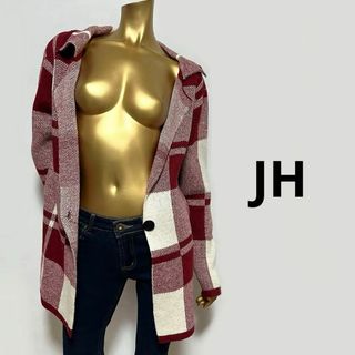 【2118】JH チェック柄 アウター コート F レッド(ニットコート)