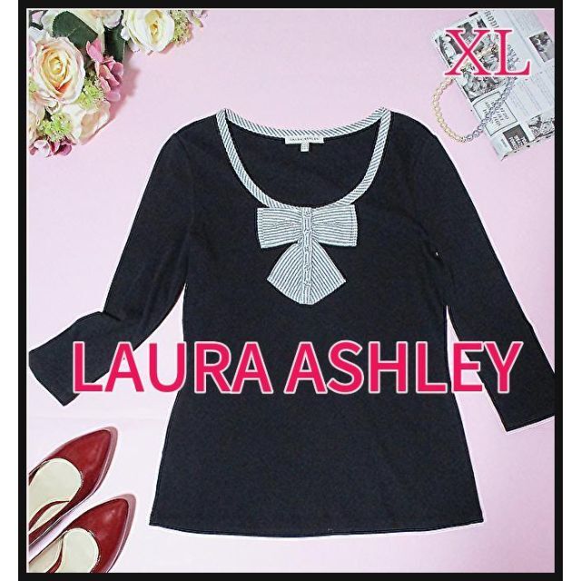 LAURA ASHLEY(ローラアシュレイ)の【ローラアシュレイ】カットソー　七分袖　黒　ブラック　リボン　ゆったりサイズ レディースのトップス(カットソー(長袖/七分))の商品写真