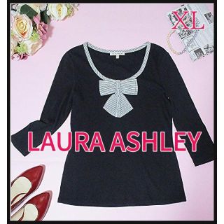 ローラアシュレイ(LAURA ASHLEY)の【ローラアシュレイ】カットソー　七分袖　黒　ブラック　リボン　ゆったりサイズ(カットソー(長袖/七分))