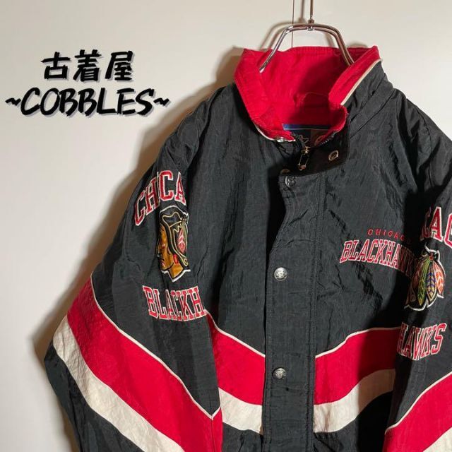 【BLACK HAWKS】厚めナイロンジャケットビッグ刺繍ロゴ90sNHL