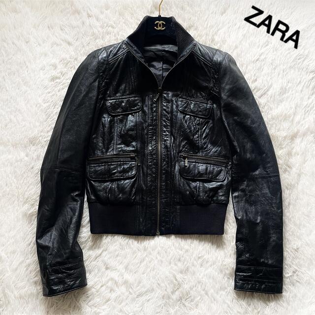 ザラ ZARA リアルレザー ライダースジャケット 黒 ブラック ...