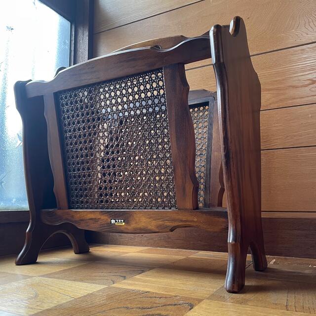 カリモク マガジンラック 木製 籐編み 昭和レトロ