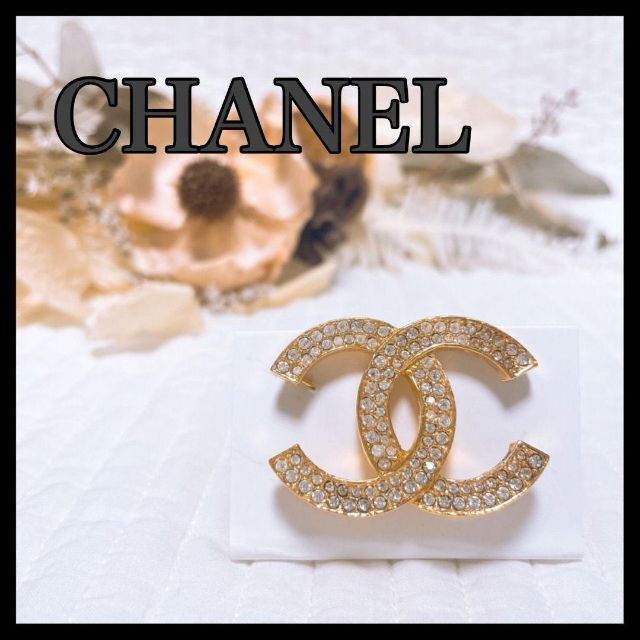 □CHANEL シャネル ラインストーン ココマーク ブローチ ゴールド
