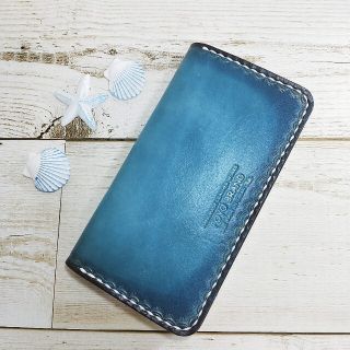 ☆本革スマホケース☆ハンドメイド☆オーシャンブルー☆選べる糸の色(スマホケース)