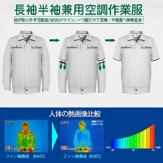 空調作業服　3XL　ファン付　半袖長袖兼用　UVカット　熱中症対策　大きい　空調 1
