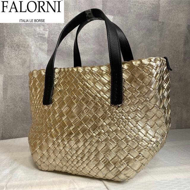 美品】FALORNI イントレチャート ゴールドシルバー 2WAYハンドバッグ