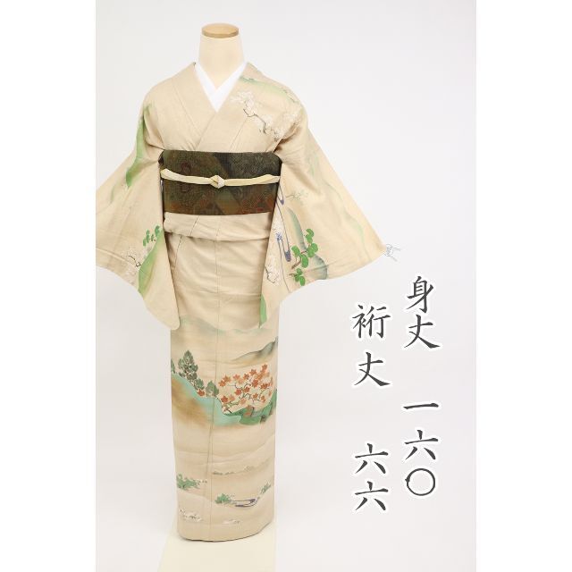 袷着物 紬 訪問着 四季の情景美 淡いベージュ 正絹 お稽古着に 8MY2-