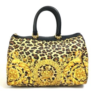 ヴェルサーチ(VERSACE)のヴェルサーチ VERSACE サンバースト ヴィンテージ レオパード柄 クラウン ハンドバッグ ボストンバッグ PVC/レザー イエロー(ボストンバッグ)