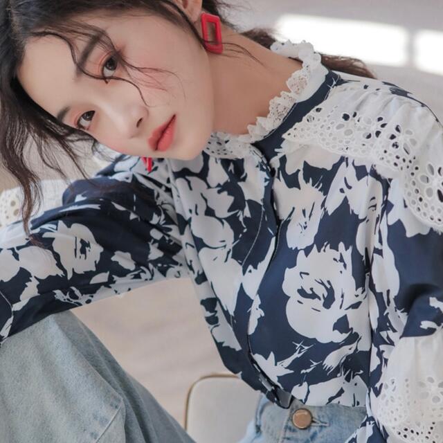 春コーデブラウス　ボリューム袖フリル花柄　ノーカラーシャツ　羽織り　個性　韓国 2