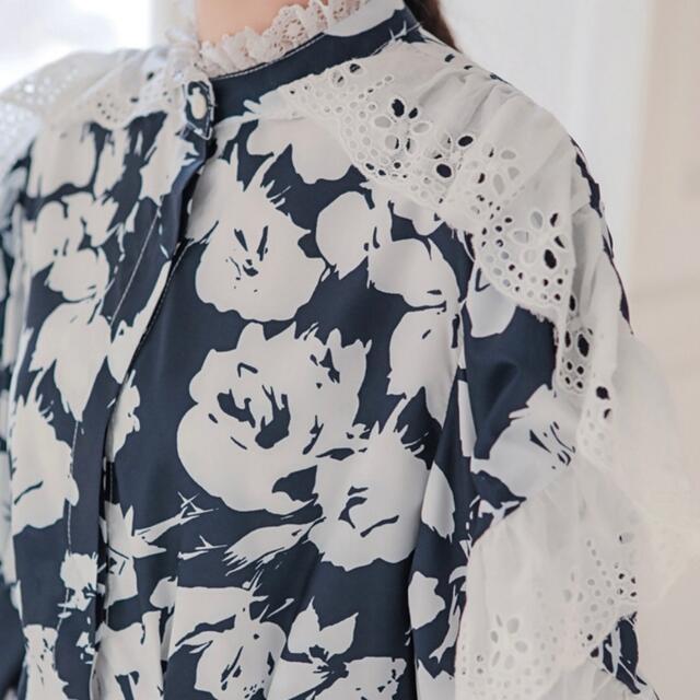春コーデブラウス　ボリューム袖フリル花柄　ノーカラーシャツ　羽織り　個性　韓国 9