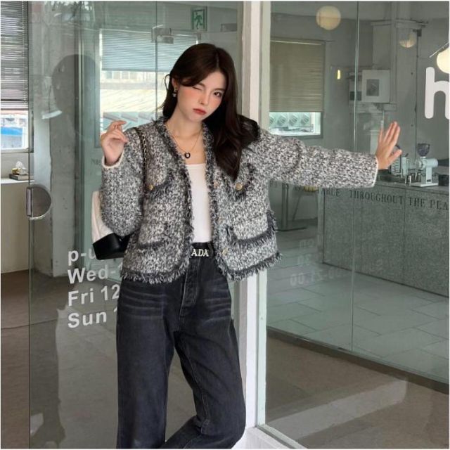 韓国人気♡ツイードジャケット 丸襟　黒　白　配色 秋冬レディース 高級感