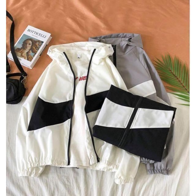 デザインナイロンジップパーカー XL ユニセックス ホワイト×ブラック 新品 レディースのジャケット/アウター(ナイロンジャケット)の商品写真
