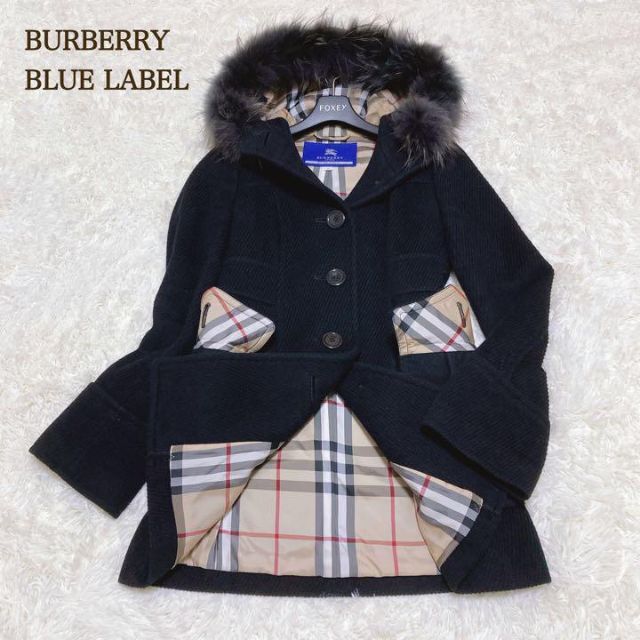 BURBERRY BLUE LABEL(バーバリーブルーレーベル)のバーバリーブルーレーベル アンゴラ混 コート メガチェック ラクーン 36 レディースのジャケット/アウター(ロングコート)の商品写真