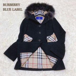 バーバリーブルーレーベル(BURBERRY BLUE LABEL)のバーバリーブルーレーベル アンゴラ混 コート メガチェック ラクーン 36(ロングコート)