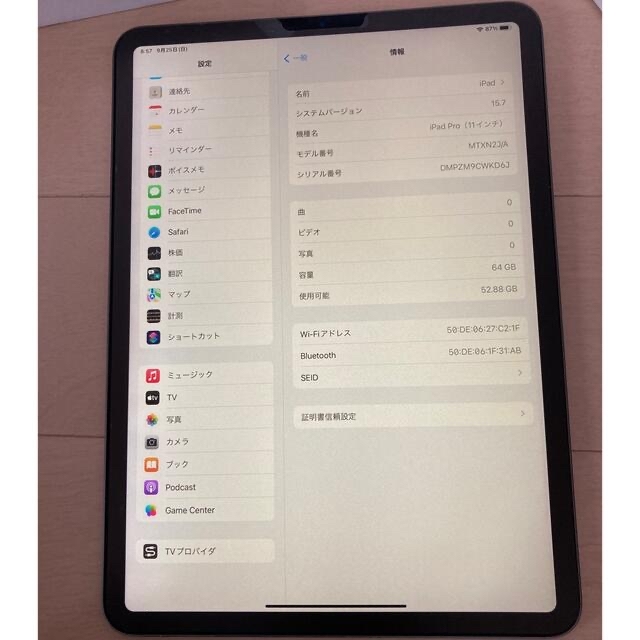 アップル iPad Pro 11インチ WiFi 64GB スペースグレイ無カラー