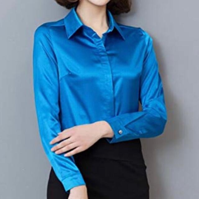 ブラウス シャツ サテン 長袖 シンプル 無地 上品 ネイビー 紺色 L レディースのトップス(シャツ/ブラウス(長袖/七分))の商品写真