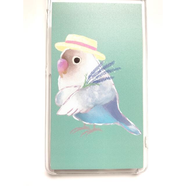 麦わら帽子の白ボタンインコさんのスマホケース（ラベンダーたずさえて） スマホ/家電/カメラのスマホアクセサリー(iPhoneケース)の商品写真