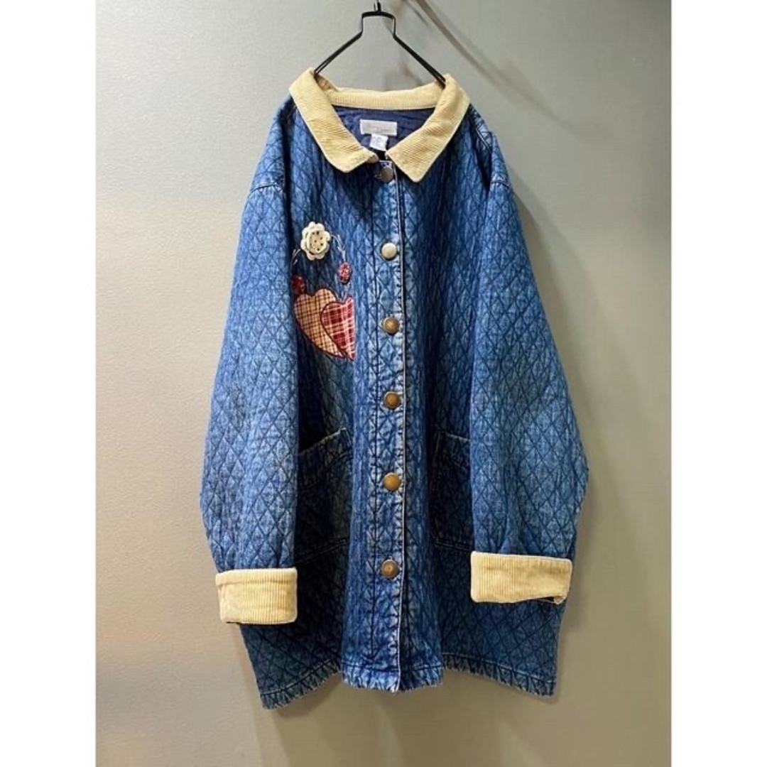 古着 ビンテージ 80s デニム キルトブルゾン 刺繍 ♡花 3XL ジャケット レディースのジャケット/アウター(ブルゾン)の商品写真