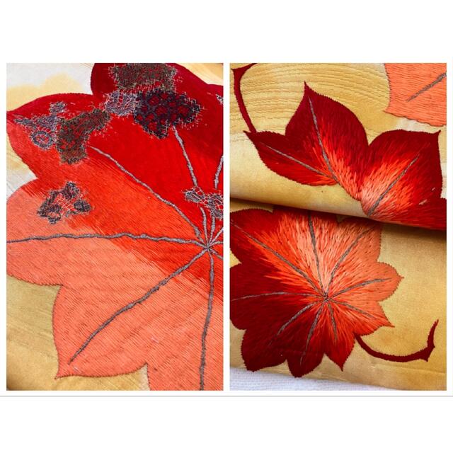 大正浪漫アンティーク 総刺繍 赤紅葉 薄辛子色 正絹 名古屋帯 くるり - 2