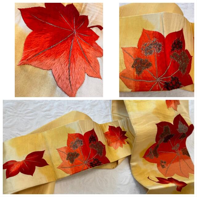 大正浪漫アンティーク 総刺繍 赤紅葉 薄辛子色 正絹 名古屋帯 くるり - 3