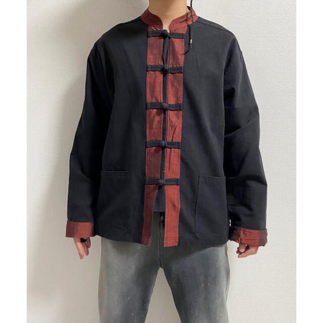 " 玉虫色ライン " 90s vintage 黒 チャイナシャツ ジャケット