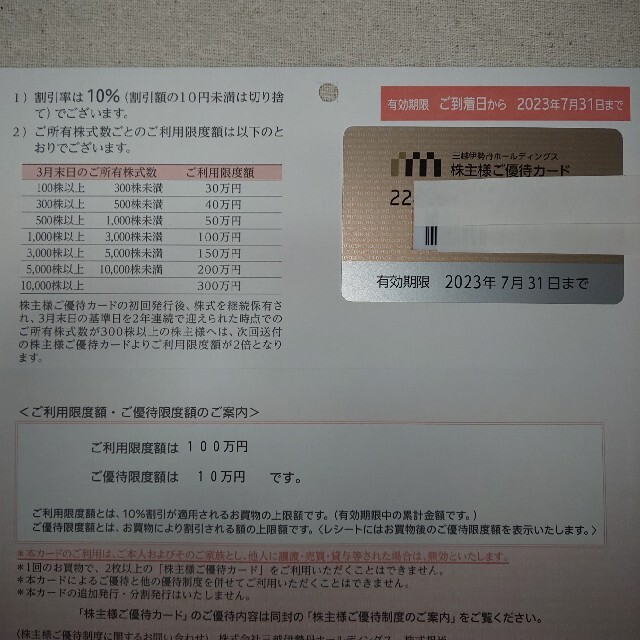 三越伊勢丹 株主優待カード100万円限度額 - ショッピング 三越伊勢丹 株主優待カード 1枚/10%割引 利用限度額30万 優待限度額3万