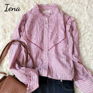 イエナ(IENA)の【美品】IENA コットンリヨセルシルクフリルシャツブラウス　ピンク　ストライプ(シャツ/ブラウス(長袖/七分))