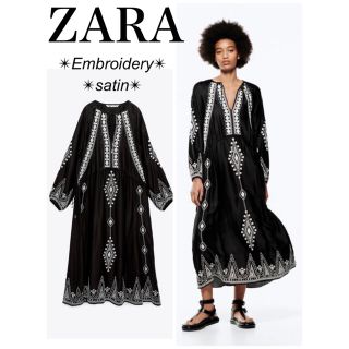 ザラ(ZARA)の新品　今季　ZARA 総サテン　エンブロイダリー　ロングドレス　タグ付(ロングワンピース/マキシワンピース)