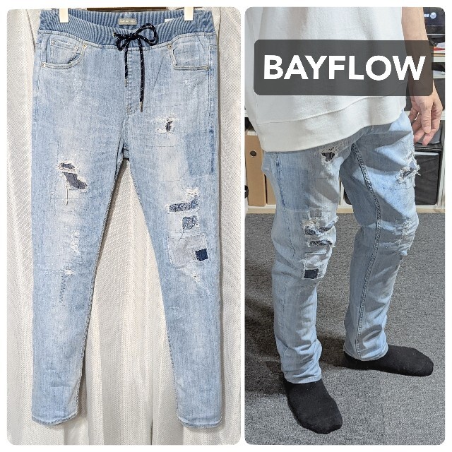 BAYFLOWダメージジーンズリペア加工クラッシュ加工デニムメンズ