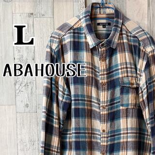 ABAHOUSE - ABAHOUSE  チェックシャツ　ブルー系　L サイズ　麻混コットンシャツ