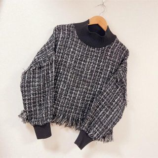 ザラ(ZARA)のZARA ザラ ツイードトップス L ハイネック(カットソー(長袖/七分))