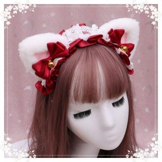 【最安値】ふわふわ猫耳　メイド ロリータ カチューシャ 白＋赤(カチューシャ)