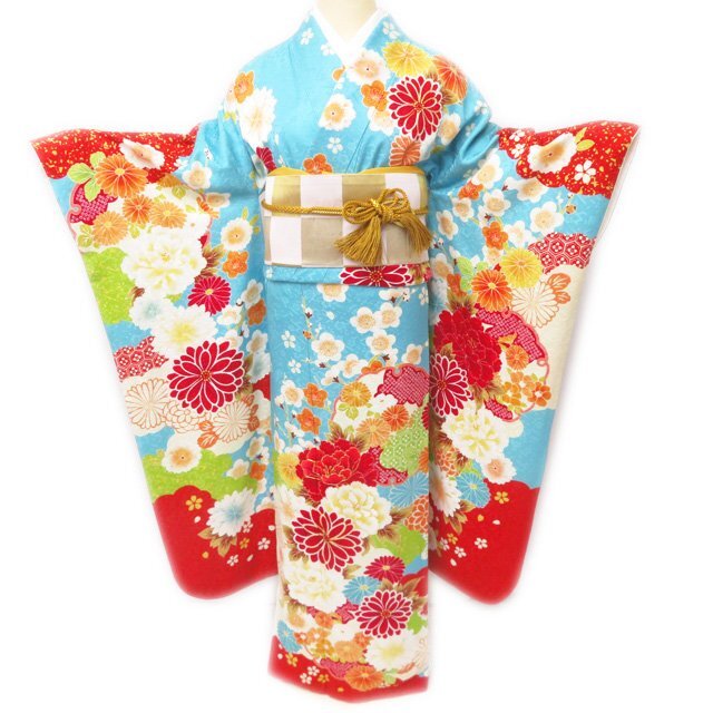 振袖 着物 正絹 花模様 金駒刺繍 地模様 トール A767-8 L 振袖 着物 正絹 花模様 金駒刺繍 地模様 トール A767-8 L