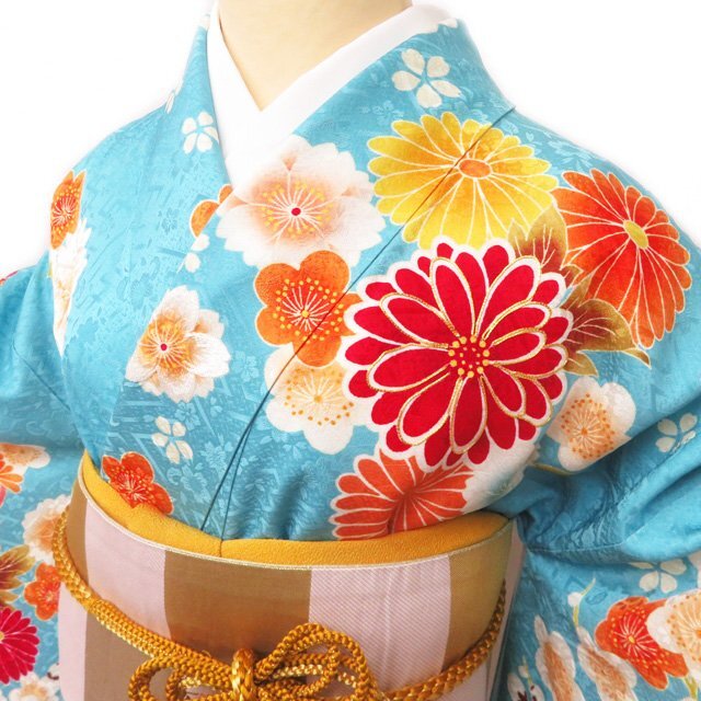 振袖 着物 正絹 花模様 金駒刺繍 地模様 トール A767-8 L 振袖 着物 正絹 花模様 金駒刺繍 地模様 トール A767-8 L