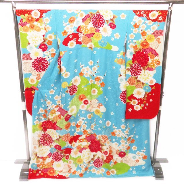 振袖 着物 正絹 花模様 金駒刺繍 地模様 トール A767-8 L 振袖 着物 正絹 花模様 金駒刺繍 地模様 トール A767-8 L