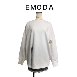 エモダ(EMODA)のEMODA スリットロングプルオーバー ホワイト F オーバーサイズ エモダ(トレーナー/スウェット)