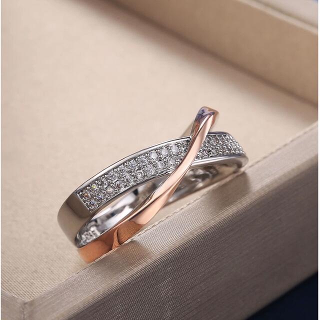 ピンクゴールド　シルバー　ジルコニア　ジルコン　ダイヤモンド　2重リング　７号 レディースのアクセサリー(リング(指輪))の商品写真